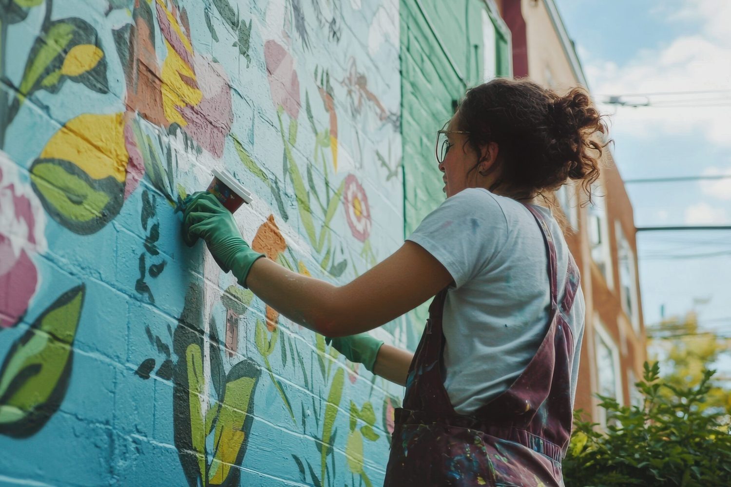 A volunteer carefully painting a mural on the side of a building, adding beauty and life to the community